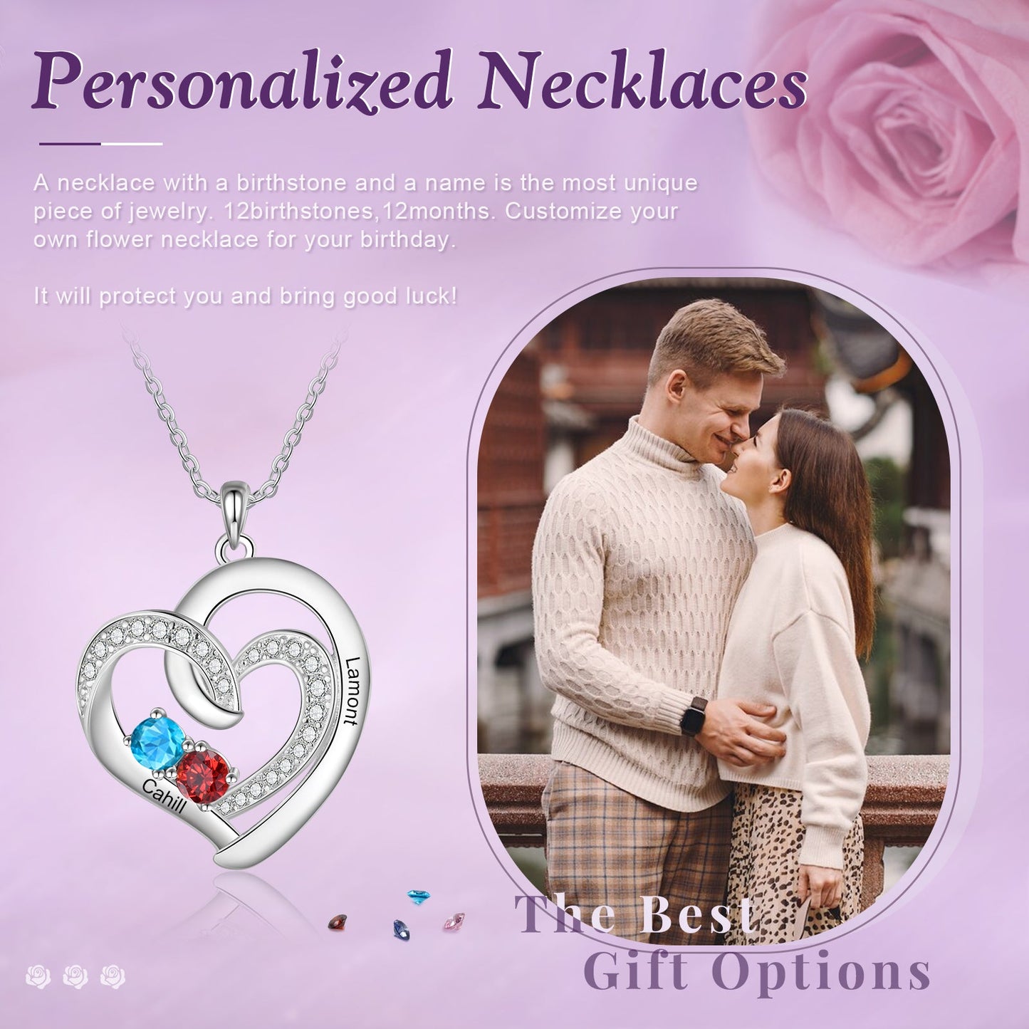 Custom Birthstone & Name Heart Necklace - My Precious Moments