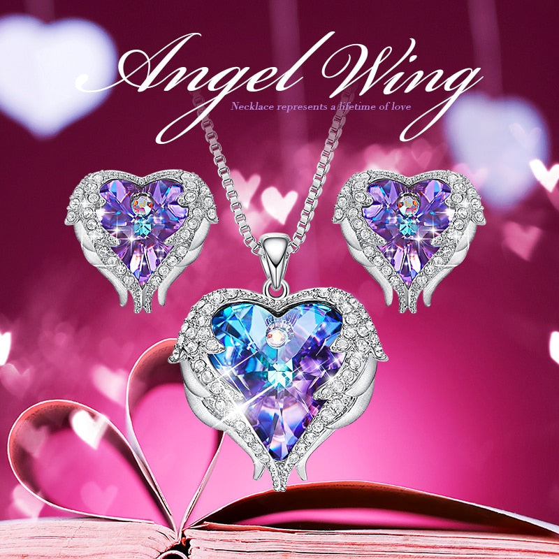Angel Wings & Cdyle Crystals from Swarovski Heart Necklace & Earring Set - My Precious Moments