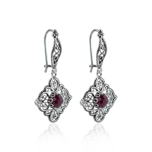 Sterling Silver Filigree with Ruby Dangle Earrings - My Precious Moments